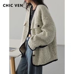 Womens Wool Blends CHIC VEN Woolen Coat Heavy Industry Down Jacket Vintage VNeck Woman Female Tops Autumn Winter 230828