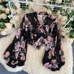 Kvinnor BLOUSES SPRING Vintage Print Fashion Women Bow Knot V Neck Lantern långärmad skjorta Girls Floral Top Female Clothing 2023