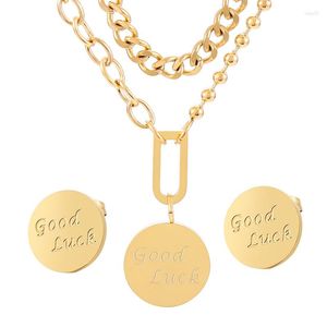 Pendant Necklaces Fashion Stainless Steel Necklace Earrings Women Gold Silver Color Letter Luck Round Women's Jewelry Simple Party Gift