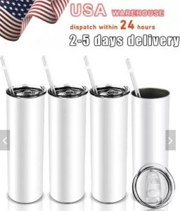 US CA Depo Yüceltme Boşluklar Kupalar 20oz Paslanmaz Çelik Düz Tumbler Boş Beyaz Tumbler Kapak ve Saman Isı Transfer Kupaları Su Şişeleri 828