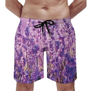Mäns shorts lavendelbräda sommarlila blommor tryck sportstrand korta byxor manlig snabb torkning hawaii stor storlek badstammar