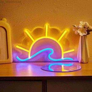 Chi-buy LED Neon Sun + Wave Неоновые вывески с питанием от USB Ночной светильник 3D Wall Art Игровая комната Спальня Гостиная Декор Лампы Вывески HKD230825