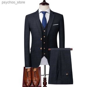 Blazer Pants Vest 3 Pieces Suit Set / Men's Fashion Banket Business British Style Slim High End Custom Plaid Blazers Byxor Q230828