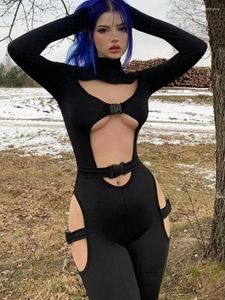 Women's Jumpsuits Solid Hollow Out Hole Half Turtleneck Long Sleeve Jumpsuit Sexy Y2K Body-Shaping 2023 Summer For Women Club