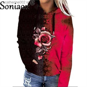 Kvinnors hoodies tröjor Rose Tryckt huvor 2021 Autumn Winter New Harajuku Ladies Casual Loose Long Sleeve Pocket Pullovers T230828