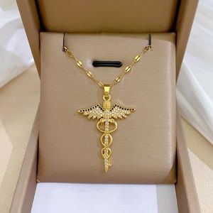 Pendant Necklaces Punk Dragonfly Wing Necklace With Black CZ Stone Long Spinning Guardian Angel For Men Golden Protective Jewelry Gifts