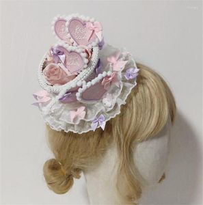 Articoli per feste Giapponesi Kawaii fatti a mano Lolita Pizzo Cuore Fiocco Forcina Cappello a cilindro Clip laterale Copricapo Accessori per capelli B1879