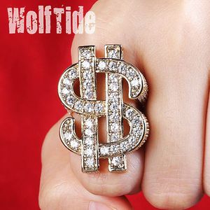 Hip Hop Dólar Americano Sinal de Dinheiro Anel de Dedo Banda Nova Moda Top Quality 18K Banhado a Ouro Mens Iced Out CZ Zirconia Cheio de Diamante Rapper Punk Fine Rapper Joias Presentes para Homens