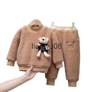 Conjuntos de roupas outono inverno crianças bebê menino conjunto roupas 2021 novo urso dos desenhos animados quente grosso pulôver de pelúcia calça crianças esportes bebê menina terno 26y x0828