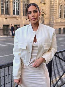 Women's Jackets 2023 Fashion Pocket Short Sleeve Women's Solid O-Neck Long Sleeve Coat Spring and Autumn White Casual Women's Single Chest Coat T230828