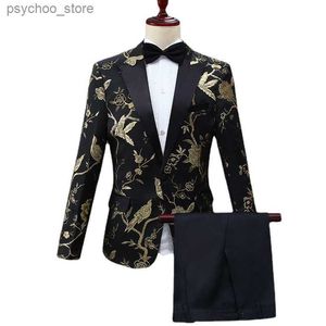 New European Size (Blazer + Trousers) Men's Suit Elegant Trend Printing Emcee Host Dress Best Man Performance Suit 2 Sets 2022 Q230828