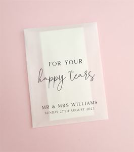 Geschenkpapier 25 Stück „Happy Tears“-Taschentuchpakete für Hochzeiten, 100 % biologisch abbaubares Pergamin – vorgefüllte Taschentuchtaschen für Hochzeiten, personalisierbar 230828