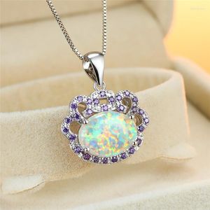 Anhänger Halsketten Luxus Große Ovale Stein Blume Weiß Feuer Opal Für Frauen Silber Farbe Orange Lila Zirkon Braut Hochzeit Schmuck