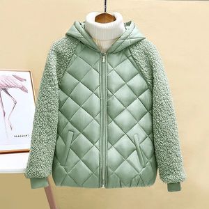 QNPQYX Neue Dünne licht Unten Baumwolle Jacke Weiblichen Kurzen Mantel Herbst Winter Frauen Neue Mit Kapuze Lose Lmitation Lamm Wolle Baumwolle jacke