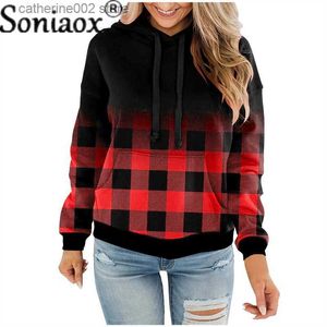 Kadın Hoodies Sweatshirts Moda Gradyan Ekose Sweatshirt Kadın Rahat Gevşek Peluş Hoodie Birleştirme Cep Külot Üstler Koreli Kadın Giyim Katları T230828