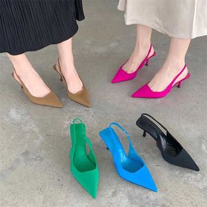 Women Summer Shoes New Fashion Pointed Toe Stiletto Medium Heel High Heels Women Back Empty Toe Sandals Green Women's Shoes 230807