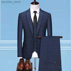 2023 Spring New Men's Business Suit Casual Jacket Work Formal Plaid Groomsmen Groom Dress Blazers Coat Pants Vest 3 Piece Set Q230828