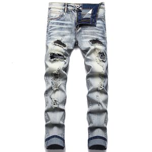 Dżinsy męskie Retro Blue Ripped Trendy Elasting Slim Spodnie Wysokiej jakości wszechstronne męskie spodnie moda drukowana kota broda 230828