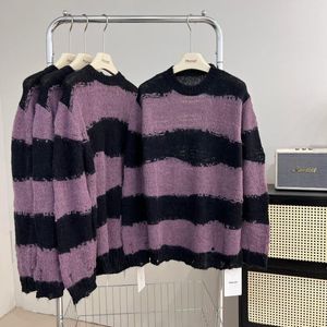 Women's Knits 2023 Autumn Winter Women Loose Striped Hole High Quality Mohair Knitted Sweater Pullover Casual Jumper Street Knitwear Female
