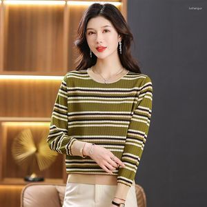 Women's Sweaters Romantic Style Women Contrasting Color Striped Pullover O-Neck Green Red Horizontal Stripe Soft Tops Cosy Knitwear 2023