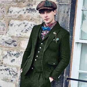 Suits for Men Army Green Wool Tweed Herringbone Business 3 Pieces Blazer Pants Vest Groom Comes Vintage Wedding Suit 2022 Q230828