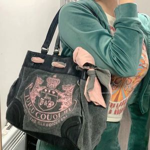 Sacos de noite Y2K Mulheres Vintage Retro Chic Bordado Veludo Bolsa de Ombro Senhoras Alta Capacidade E-Girls Tote Bags Bolsas de Compras para Mulheres 230828