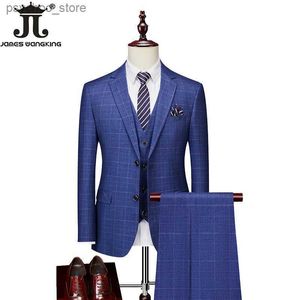 High-End Brand Classic Blue eller Gray Plaid Men's Casual Business Suit Retro Officiell kostym Brudgom Bröllopsklänning Jacka Vest Pants Q230828