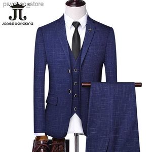 (Jacka + Vest + Pants) Checker Casual Business Office Mens Suit Set Of Three and Two Groom Wedding Dress Plaid Suit Male Q230828