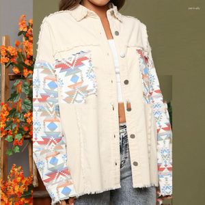 Giacche da donna Primavera Retro Stampa geometrica Patchwork Giacca di jeans Donna Monopetto Bavero Top Cardigan Autunno Manica lunga Jean Panno