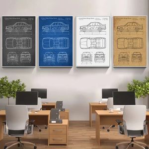 American Car Blueprint Pintura em tela Cópias de arte Transporte de carro Pôster e impressão Decoração de parede Idéia de presente Parede Menino Quarto Decoração de sala de estar Sem moldura Wo6