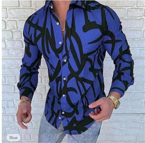 Men's Casual Shirts Blue Turbulent Print Men Single Breasted Shirt Fashion Luxury Long Sleeve Tops Clothing Hawaii Cardigan