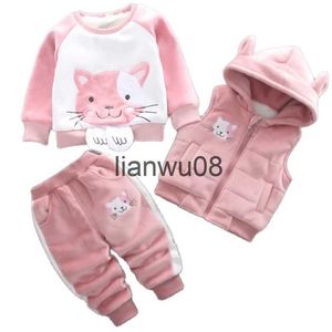 Kläder set Baby Boys Girls Warm Set Winter Cartoon Cat Kids Thicking Hooded Vestsweaterpant Threepiece Sport Suits Barn Kläder X0828 X0829