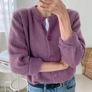 Malhas femininas de malha cardigan feminino coreano casual verde manga longa camisola solta roxo pull femme nouveaute 2023 sweter mujer