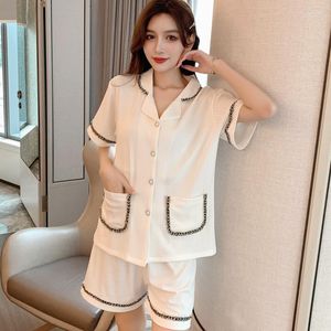 Women's Sleepwear White Women V-neck Lace Trim Sleep Sets Cotton 2pcs Shirt&pant Pyjamas Intimate Nightwear Bride Homewear With Pocket