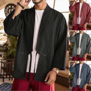 Männer Trenchcoats Herren Stil National Retro Hanfu Japanischer Pullover Männer Wolle Tan Cardigan für lange Zeit mit Kapuze