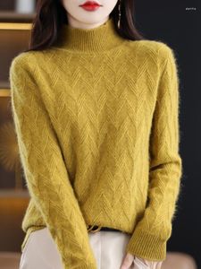 Women's Sweaters Autumn Winter Pure Merino Wool Pullover Sweater For Women Mock-neck Thickened Twist Flower Cashmere Knitwear Clothing