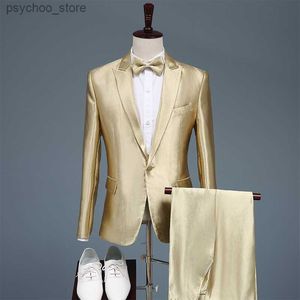 男性のゴールドスーツホストパフォーマンス結婚式が登場します光沢のあるソフトスーツブレザープラスサイズスーツパンツセット2ピースセットエレガントな男の子Q230828