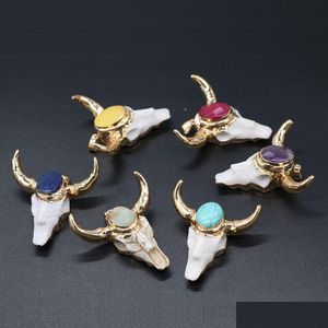 Charms Gold Ox Cow Bones Head Shape Quartz Healing Reiki Stone Crystal Pendant Finding For DIY Halsband Kvinnor Fashion Jewelry 46x46mm DHZP5