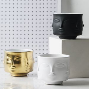 Vase Nordic Creative Ceramic Human Face Gold Vase Green Plant Flowers Pot Home Decoration Storage Decor for Interior 230828
