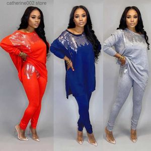 Women's Two Piece Pants 2-piece set of women's solid sequin casual top and pants two-piece set of Kaftan Ramadan EID Islamic Jewish Dubai Morocco T230828