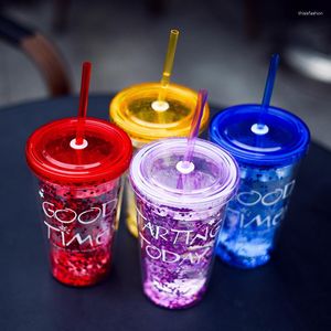 Mugs 50Pcs/Lot 450ml Creative Colorful Double Layer Plastic Cup With Lid Summer Gold Powder Juice Water Straw 15.5 6.5cm