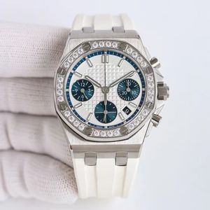 Relógio de designer feminino 7750 Movimento mecânico automático 37 mm Tamanho da tira de borracha Moldura e caixa de diamante