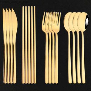 Oro 16 pezzi coreano manico lungo bacchette per alimenti coltello forchetta cucchiaio set di posate riutilizzabile set di stoviglie antiscivolo in acciaio inossidabile 304 Q230828