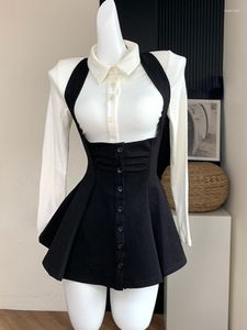 Casual Dresses Korea Y2k Two Piece Sets Fall Outfits Office Lady Skirt Lapel Cardigan Crop Tops Suspender Mini Elegant Clothes Woman