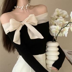 Women's Sweaters Off Shoulder Sweater Women Y2k Clothes Ladies French Style Elegant Sexy Slim Stretch Pullovers Spring Autumn Bow Slash Neck Tops 230827