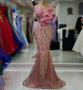 2023 August Aso Ebi Pink Mermaid Prom Dress Crystals Sequined Lace Evening Formal Party Second Reception Birthday Engagement Gowns Dresses Robe De Soiree ZJ723