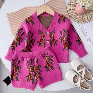 Clothing Sets Knitted Children s Treasure Ethnic Style Printed Sweater Cardigan Shorts Girls Autumn Winter Personalized Wear 230828