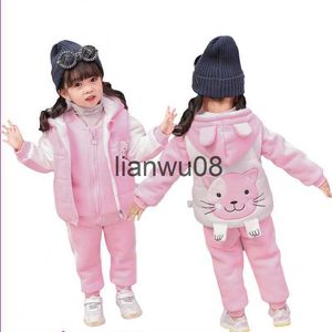 Set di abbigliamento Ragazze invernali Cartoon Cat Set di abbigliamento Bambini Pantaloni spessi e caldi Completo per bambini Plus Tuta in velluto Gilet con cappuccio per bambini 3 pezzi 05Y x0828