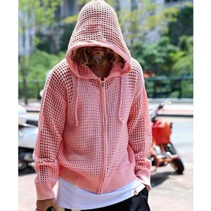 Men's Sweaters Y2K Japanese Streetwear Mens Autumn Thin Style Pink Cardigan Knitted Sweater Man Hollow Out Plaid Zip Up Sweater Jackets Coats 230828