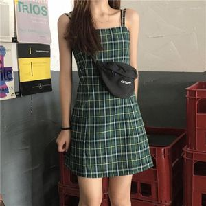 Casual Dresses Summer Hipster Plaid Rem Slim Fit Women Dress Fairy Green Color Sweet Fashion Sleeveless Mini Preppy Suspender